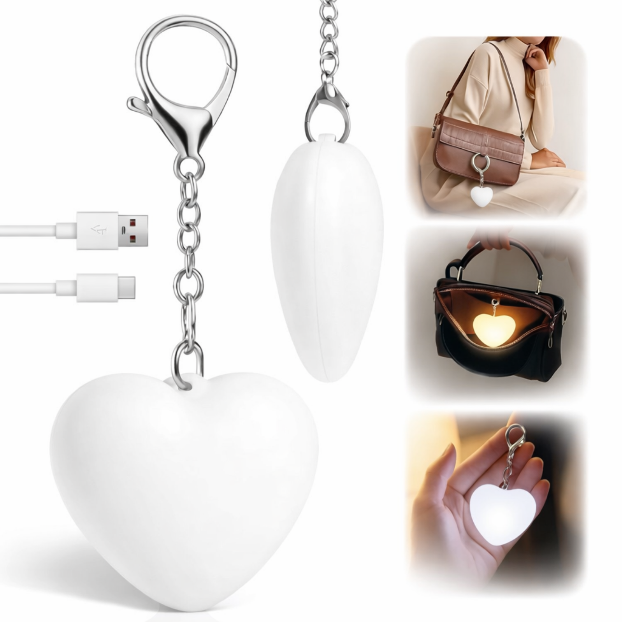 Breloc luminos FIIZEN® LED in forma de inima, reincarcabil USB, lumina ideala pentru geanta si rucsac, te ajuta sa gasesti rapid lucrurile in intuneric, activare prin atingere, compact si portabil, Alb
