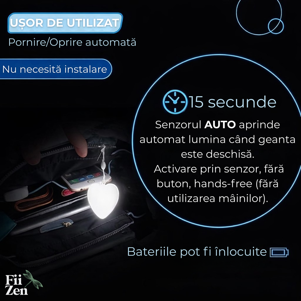 Breloc luminos FIIZEN® LED in forma de inima, reincarcabil USB, lumina ideala pentru geanta si rucsac, te ajuta sa gasesti rapid lucrurile in intuneric, activare prin atingere, compact si portabil, Alb
