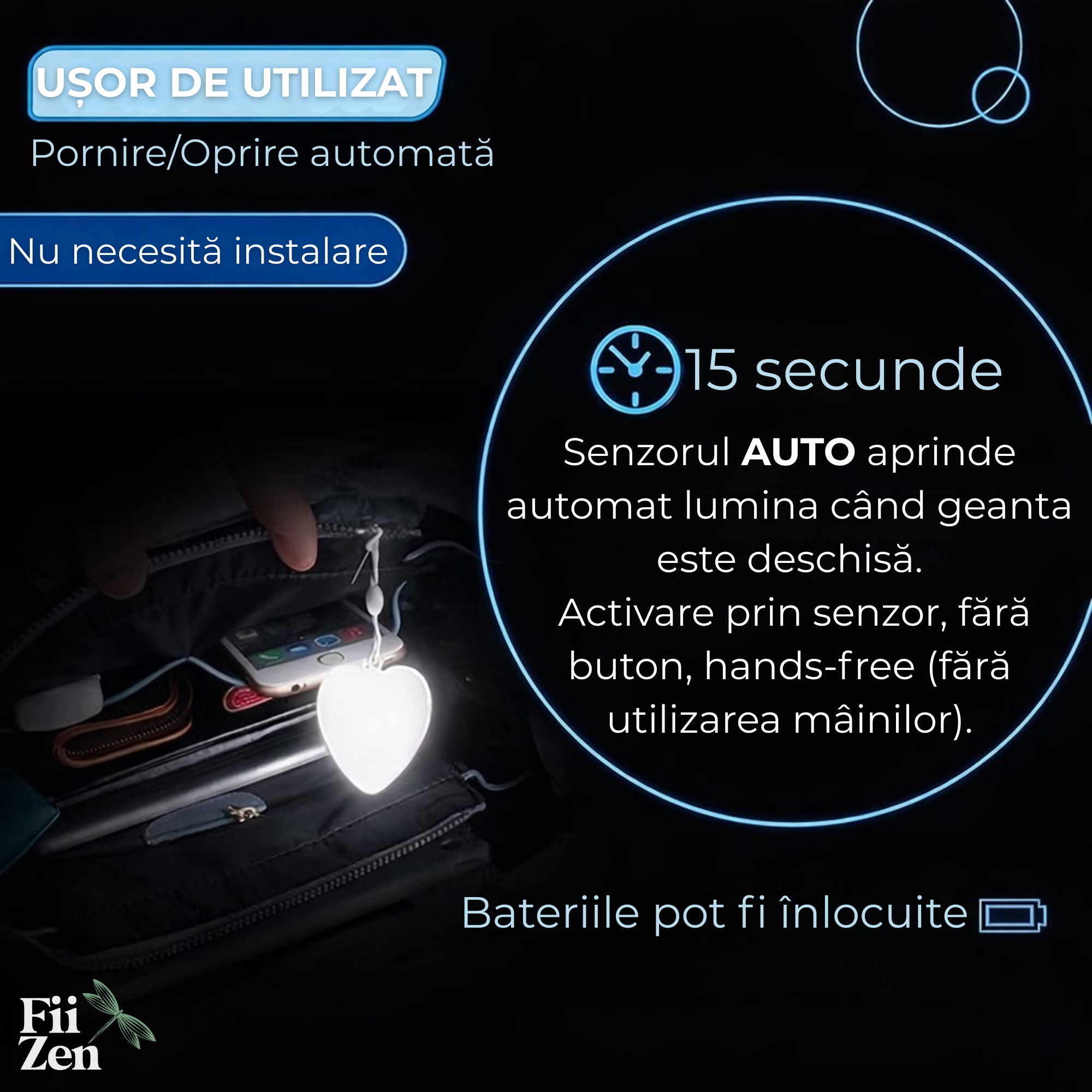 Breloc luminos FIIZEN® LED in forma de inima, reincarcabil USB, lumina ideala pentru geanta si rucsac, te ajuta sa gasesti rapid lucrurile in intuneric, activare prin atingere, compact si portabil, Alb