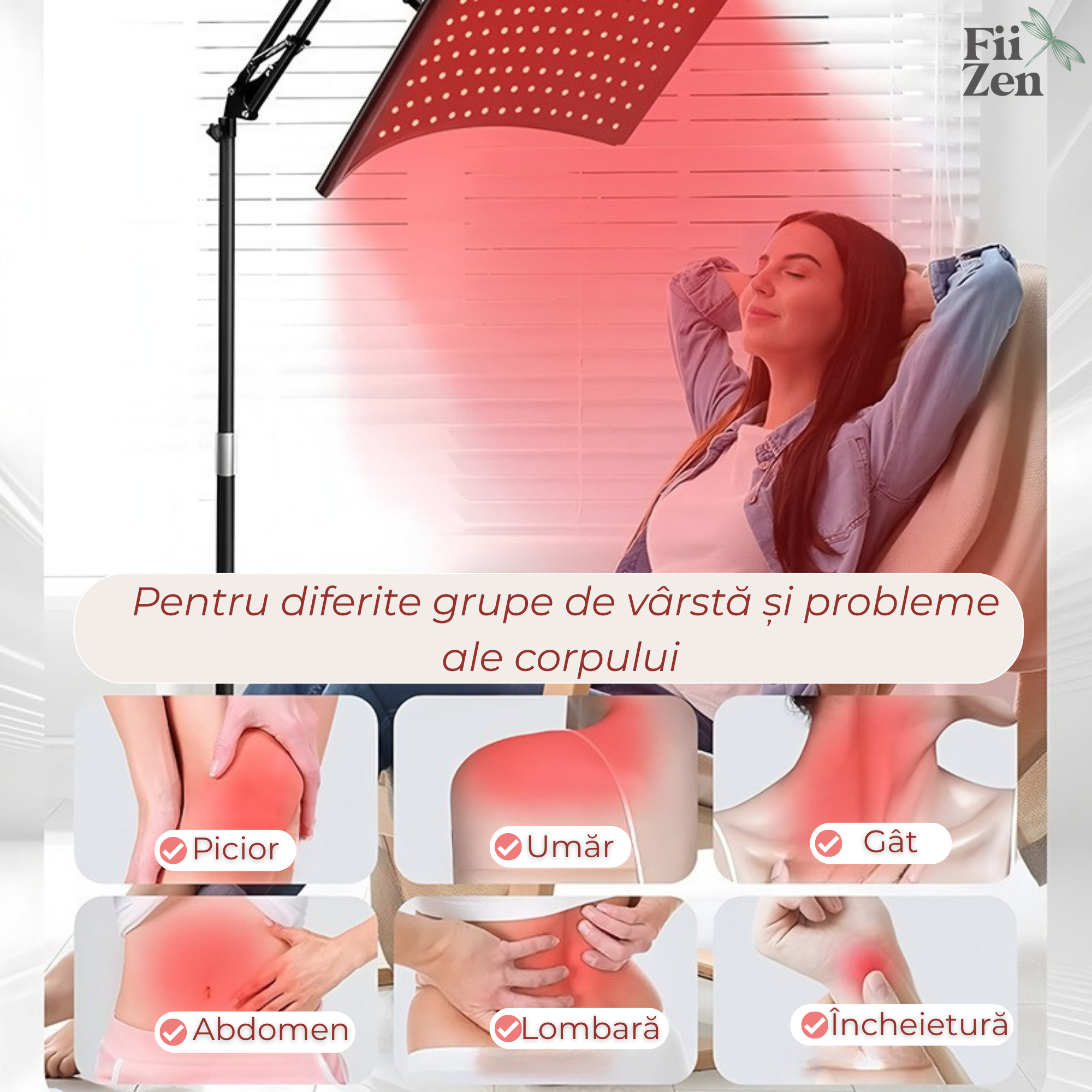 Lampa FIIZEN® terapie Red Light, 120 LED lumina rosie/infrarosu, dispozitiv premium pentru relaxare si recuperare, reduce tensiunea musculara si durerile, cap reglabil 360° cu stativ, ideala pentru spate, gat si genunchi,utilizare acasa