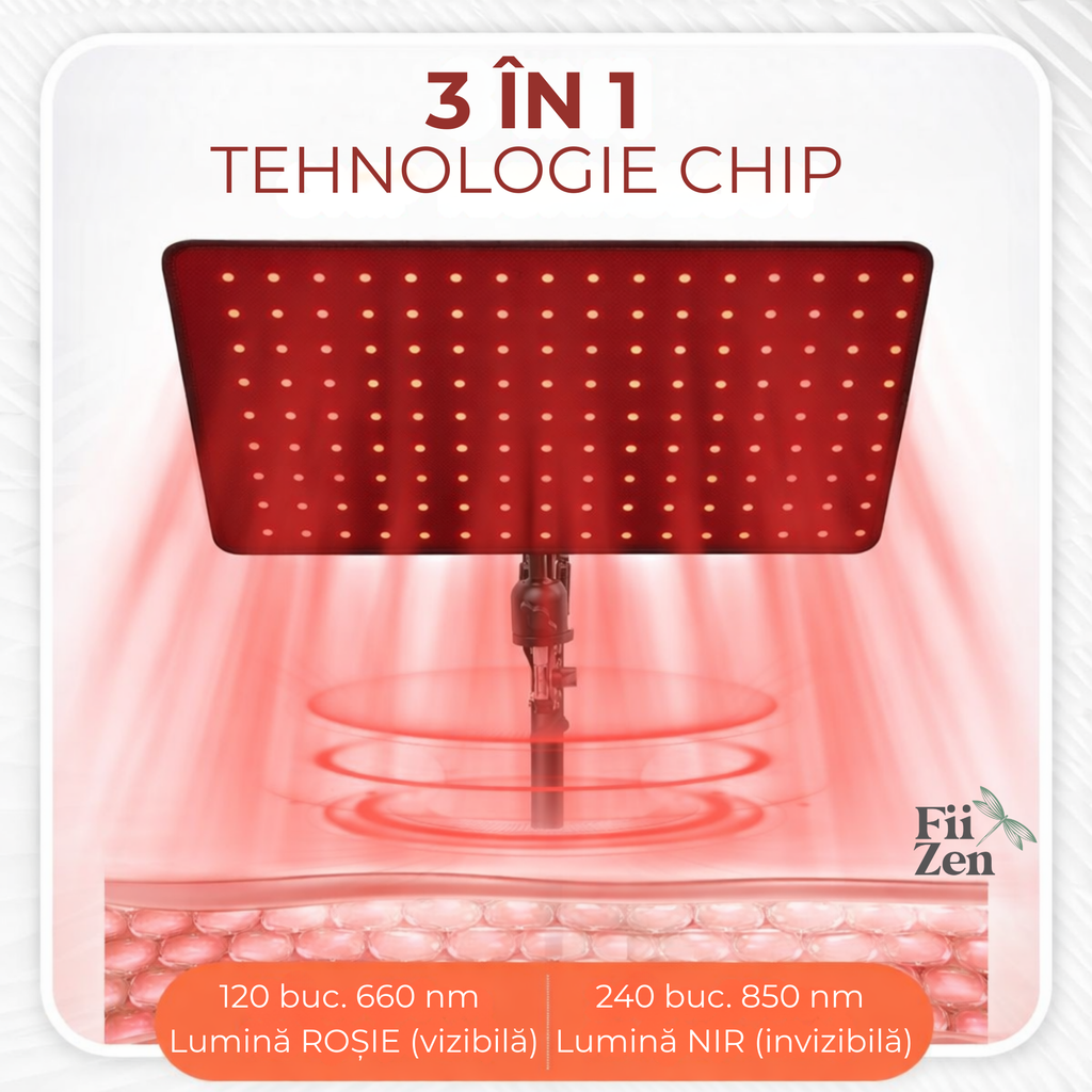 Lampa FIIZEN® terapie Red Light, 120 LED lumina rosie/infrarosu, dispozitiv premium pentru relaxare si recuperare, reduce tensiunea musculara si durerile, cap reglabil 360° cu stativ, ideala pentru spate, gat si genunchi,utilizare acasa