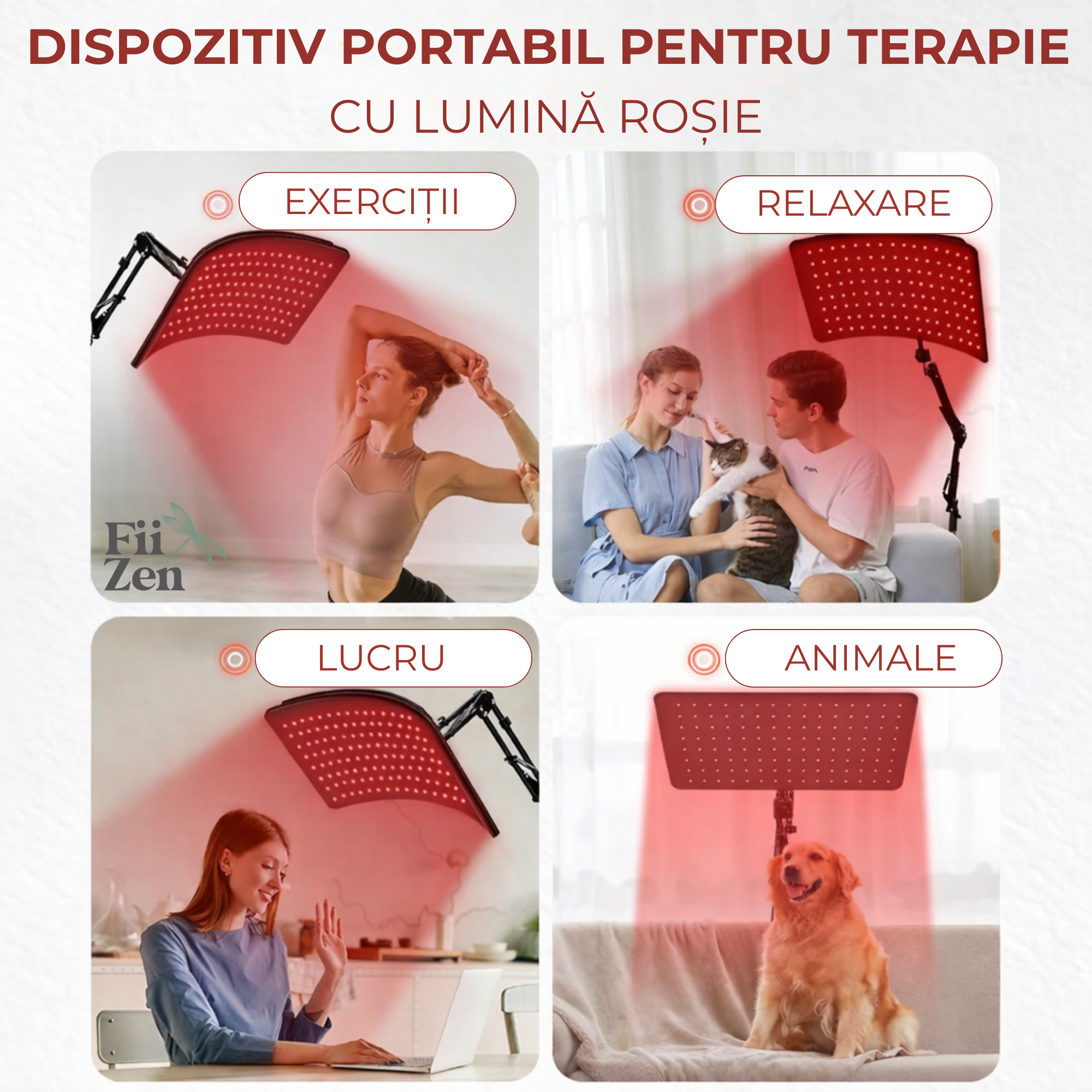 Lampa FIIZEN® terapie Red Light, 120 LED lumina rosie/infrarosu, dispozitiv premium pentru relaxare si recuperare, reduce tensiunea musculara si durerile, cap reglabil 360° cu stativ, ideala pentru spate, gat si genunchi,utilizare acasa
