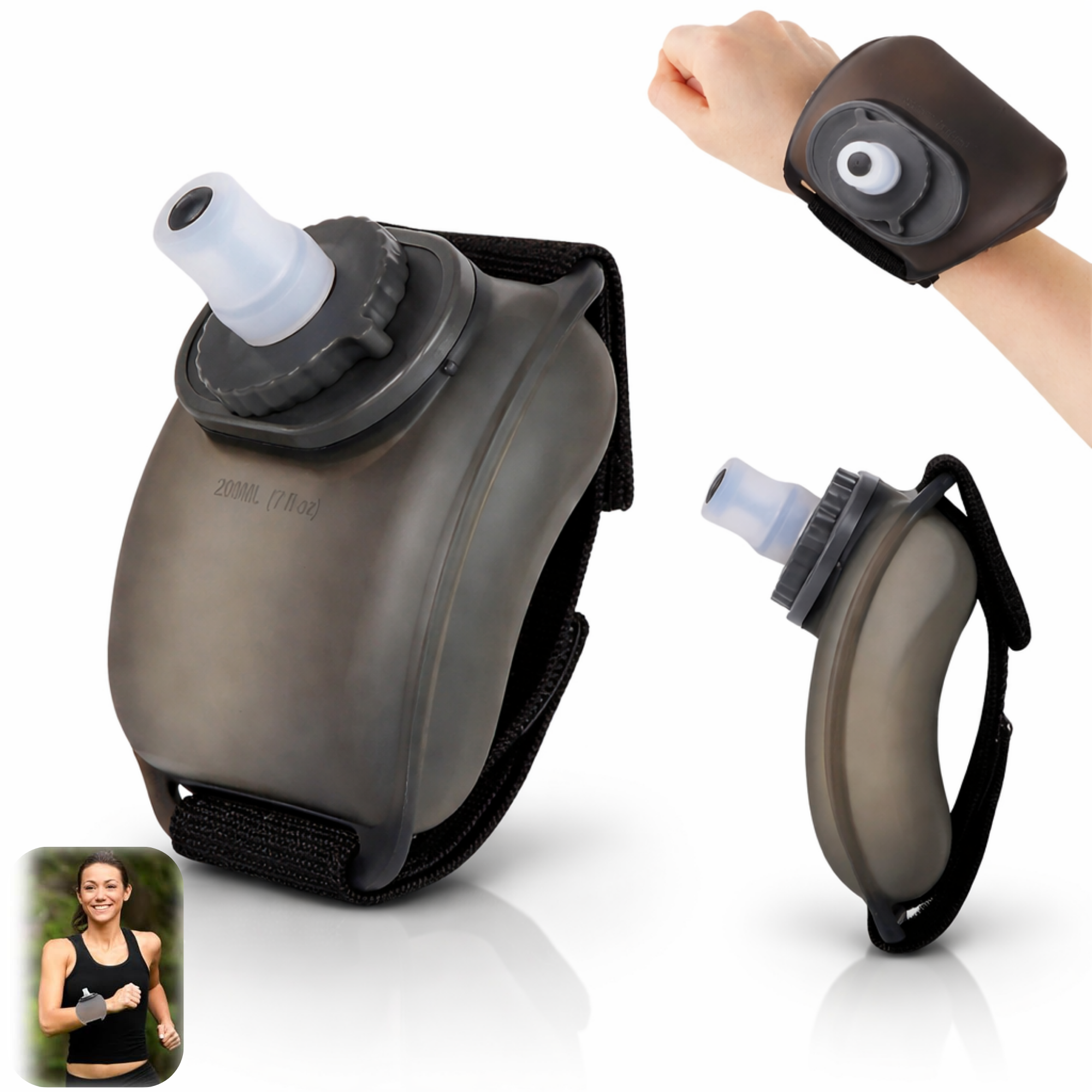 Accesoriu hidratare FIIZEN® tip bratara cu rezervoar 200 ml, permite hidratare rapida la incheietura fara maini ocupate, ideal pentru alergare, ciclism, fitness si activitati outdoor, design ergonomic si portabil, Negru