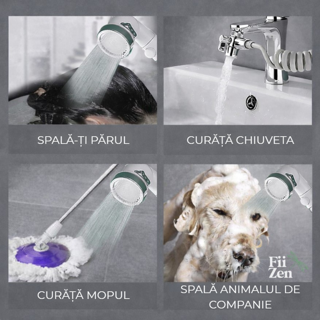 Cap dus chiuveta FIIZEN®, solutia ideala pentru spalare par la chiuveta, adaptor robinet cu furtun extensibil, presiune marita si filtru impuritati, instalare usoara, suport perete inclus, Alb