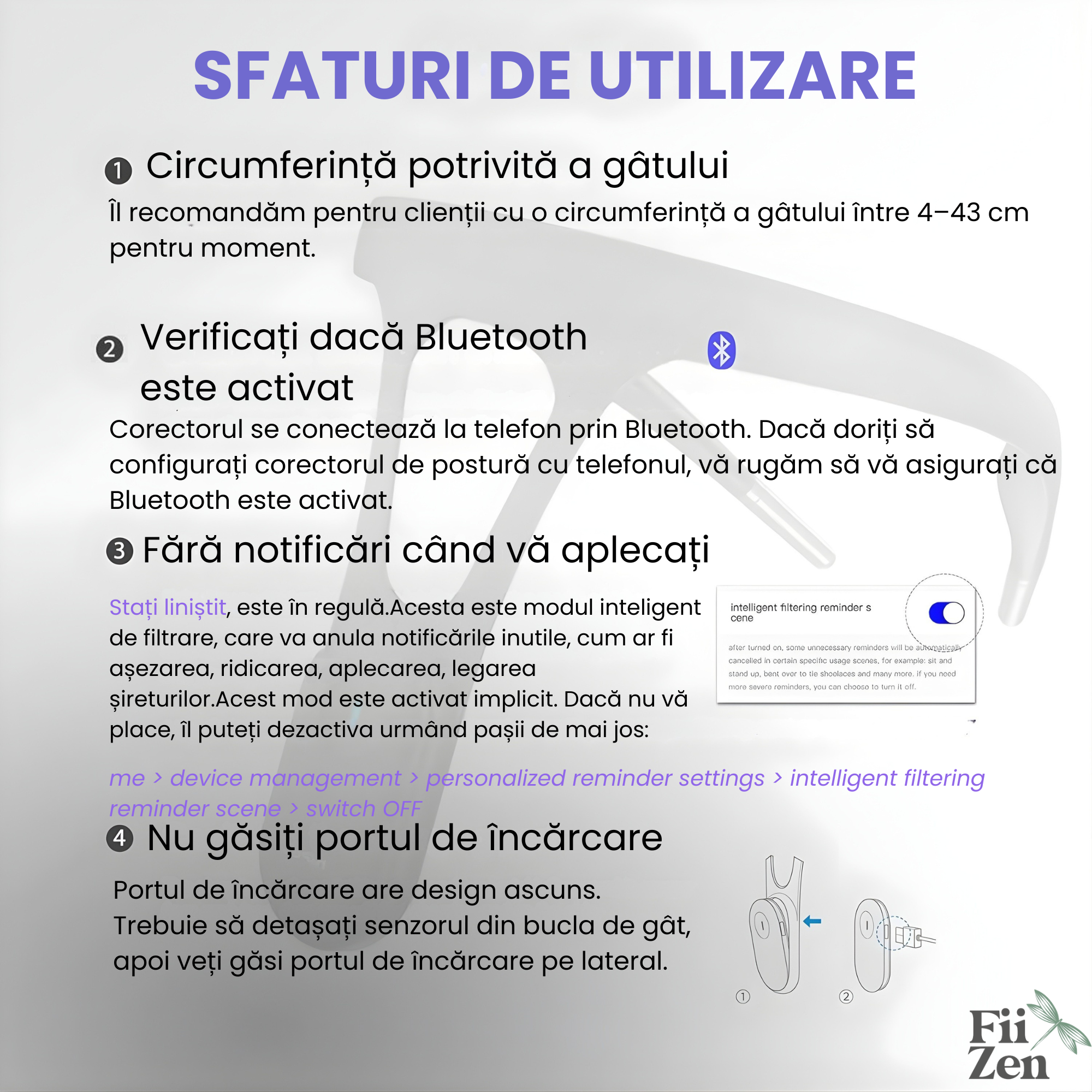 Corector postura inteligent FIIZEN®, corector spate cu senzor si vibratii pentru indreptare coloana, dispozitiv ergonomic pentru adulti si copii, discret si confortabil, ideal pentru birou, scoala si utilizare zilnica, Negru