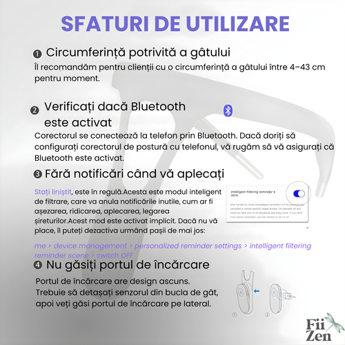 Corector postura inteligent FIIZEN®, corector spate cu senzor si vibratii pentru indreptare coloana, dispozitiv ergonomic pentru adulti si copii, discret si confortabil, ideal pentru birou, scoala si utilizare zilnica, Negru