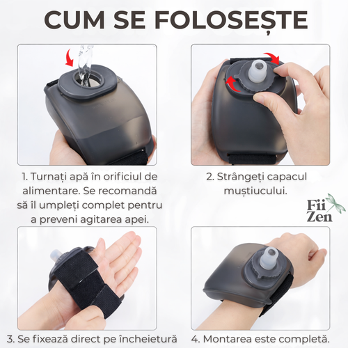 Accesoriu hidratare FIIZEN® tip bratara cu rezervoar 200 ml, permite hidratare rapida la incheietura fara maini ocupate, ideal pentru alergare, ciclism, fitness si activitati outdoor, design ergonomic si portabil, Negru