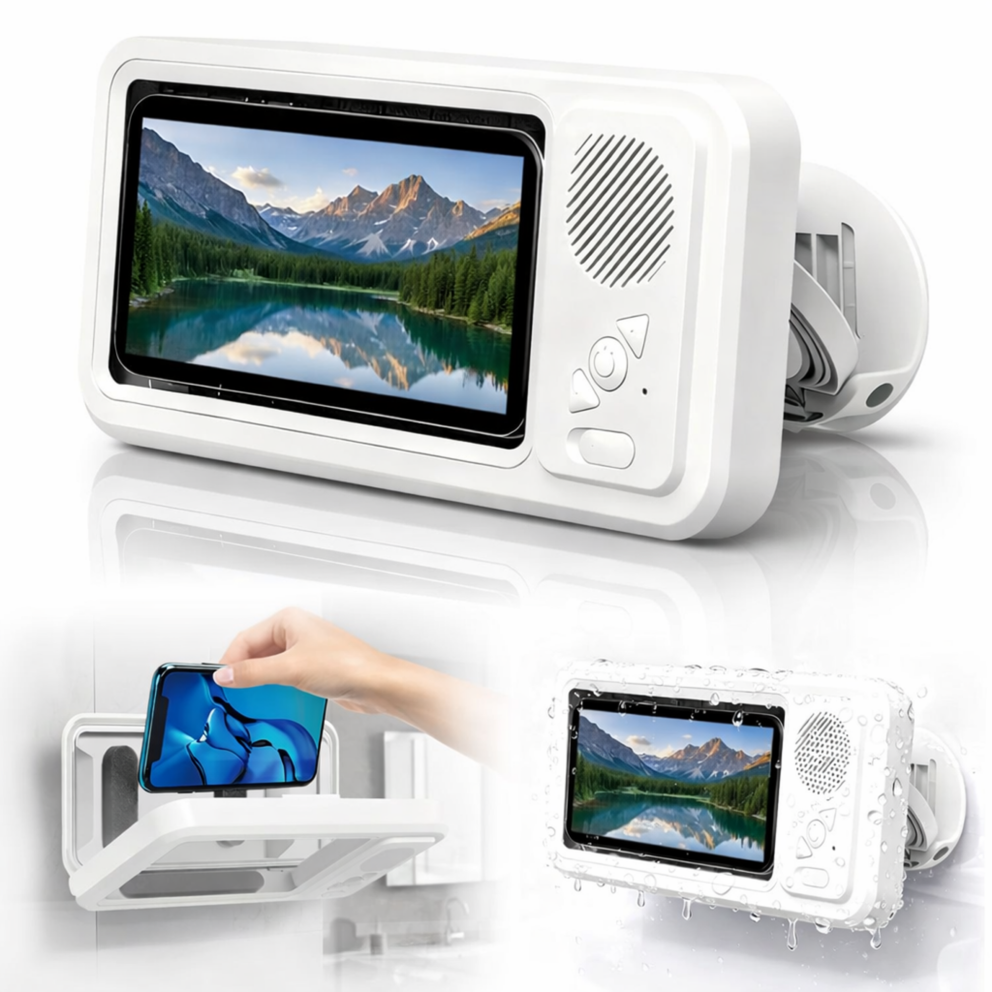 Carcasa telefon FIIZEN® amplificare sunet,impermeabila cu difuzor Bluetooth, suport perete cu ecran tactil si rotire 480°, permite folosirea telefonului la dus, ideala pentru muzica, filme si apeluri, Alb