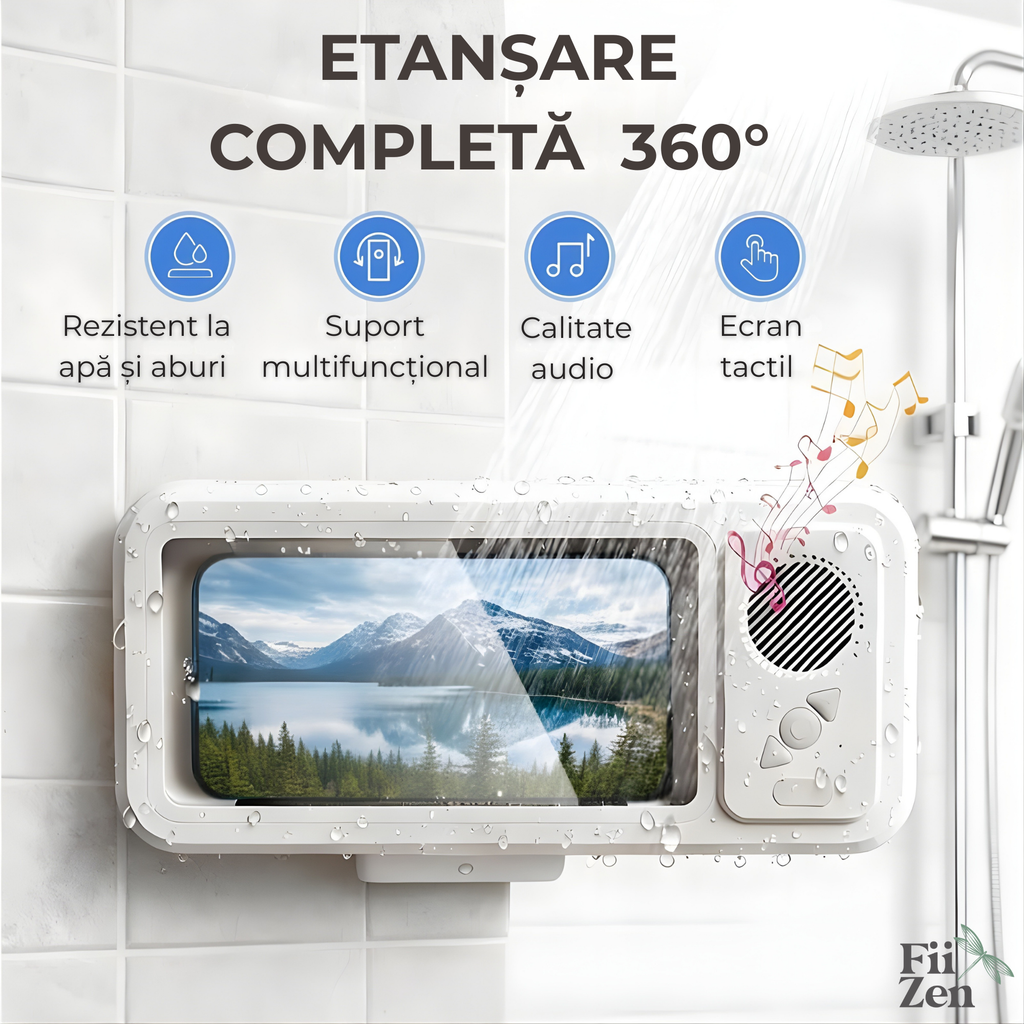 Carcasa telefon FIIZEN® amplificare sunet,impermeabila cu difuzor Bluetooth, suport perete cu ecran tactil si rotire 480°, permite folosirea telefonului la dus, ideala pentru muzica, filme si apeluri, Alb