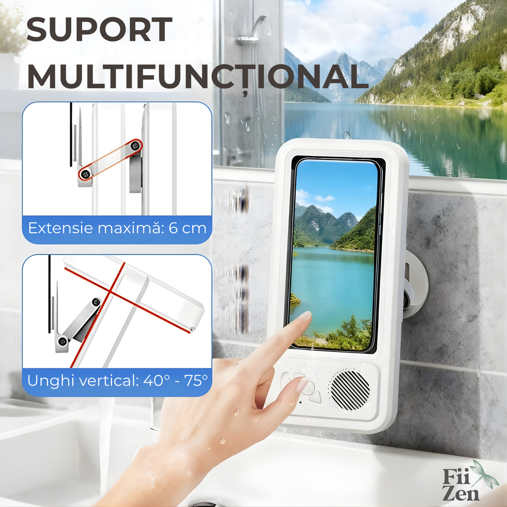 Carcasa telefon FIIZEN® amplificare sunet,impermeabila cu difuzor Bluetooth, suport perete cu ecran tactil si rotire 480°, permite folosirea telefonului la dus, ideala pentru muzica, filme si apeluri, Alb