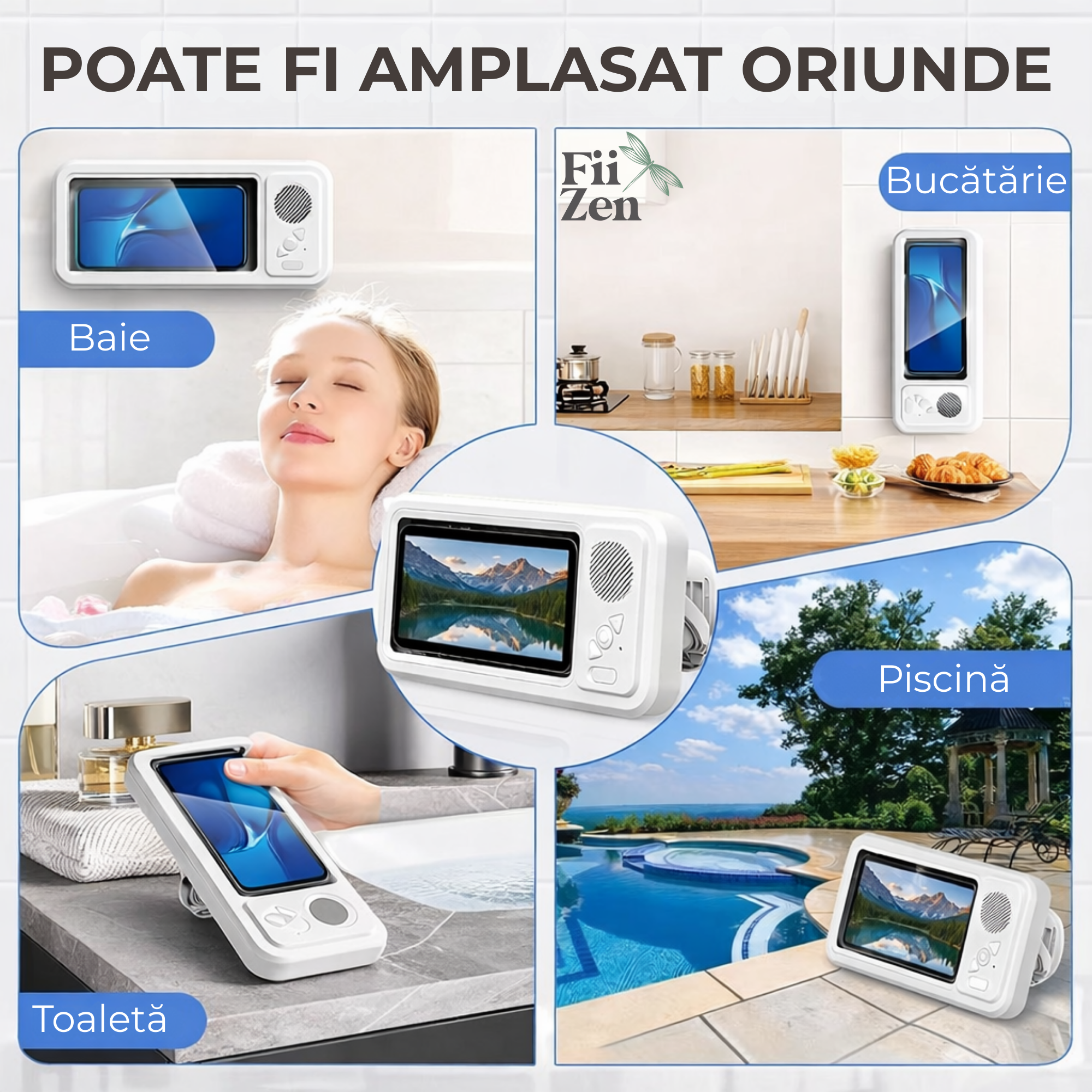 Carcasa telefon FIIZEN® amplificare sunet,impermeabila cu difuzor Bluetooth, suport perete cu ecran tactil si rotire 480°, permite folosirea telefonului la dus, ideala pentru muzica, filme si apeluri, Alb