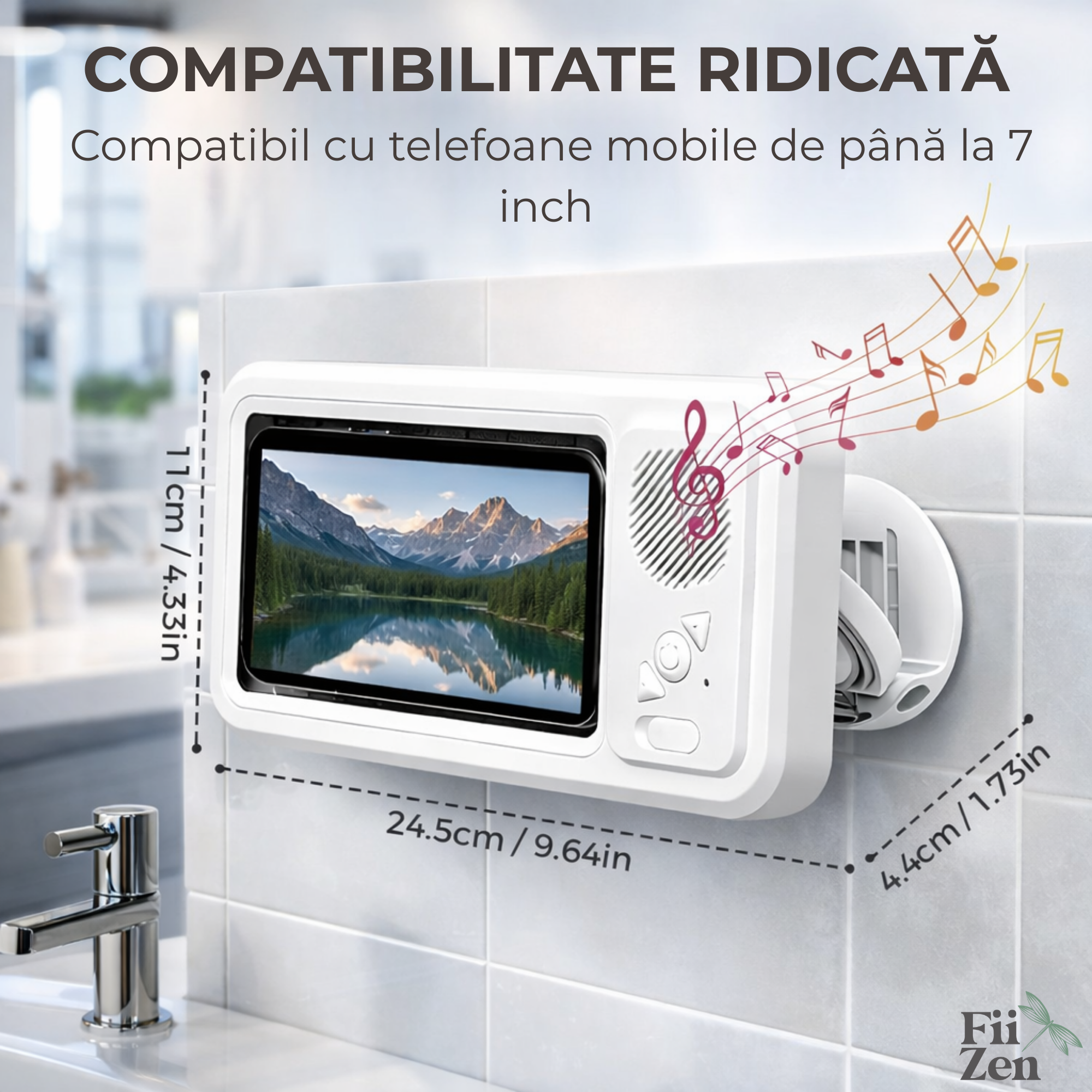 Carcasa telefon FIIZEN® amplificare sunet,impermeabila cu difuzor Bluetooth, suport perete cu ecran tactil si rotire 480°, permite folosirea telefonului la dus, ideala pentru muzica, filme si apeluri, Alb